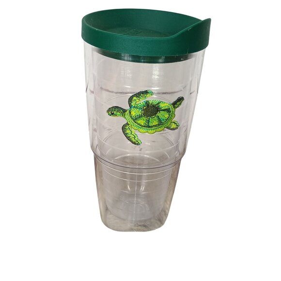 Tervis 24 Oz Clear Tumbler W/ Green Lid & Embroidered Sea Turtle Design - Picture 1 of 7